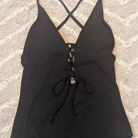 Women's Solid Color V Neck Lace Up One Piece Swimsuit Size M - Picture 4 of 7